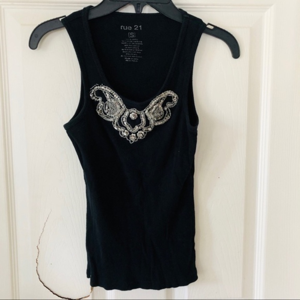 RUE 21 Y2K black sparkly beaded silver cotton cropped top size small
